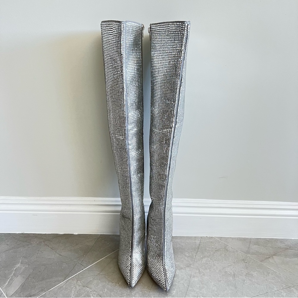 STEVE MADDEN Skyscraper Rhinestone Bling Silver Over The Knee Heels Boots Sz 6.5 - Picture 7 of 16